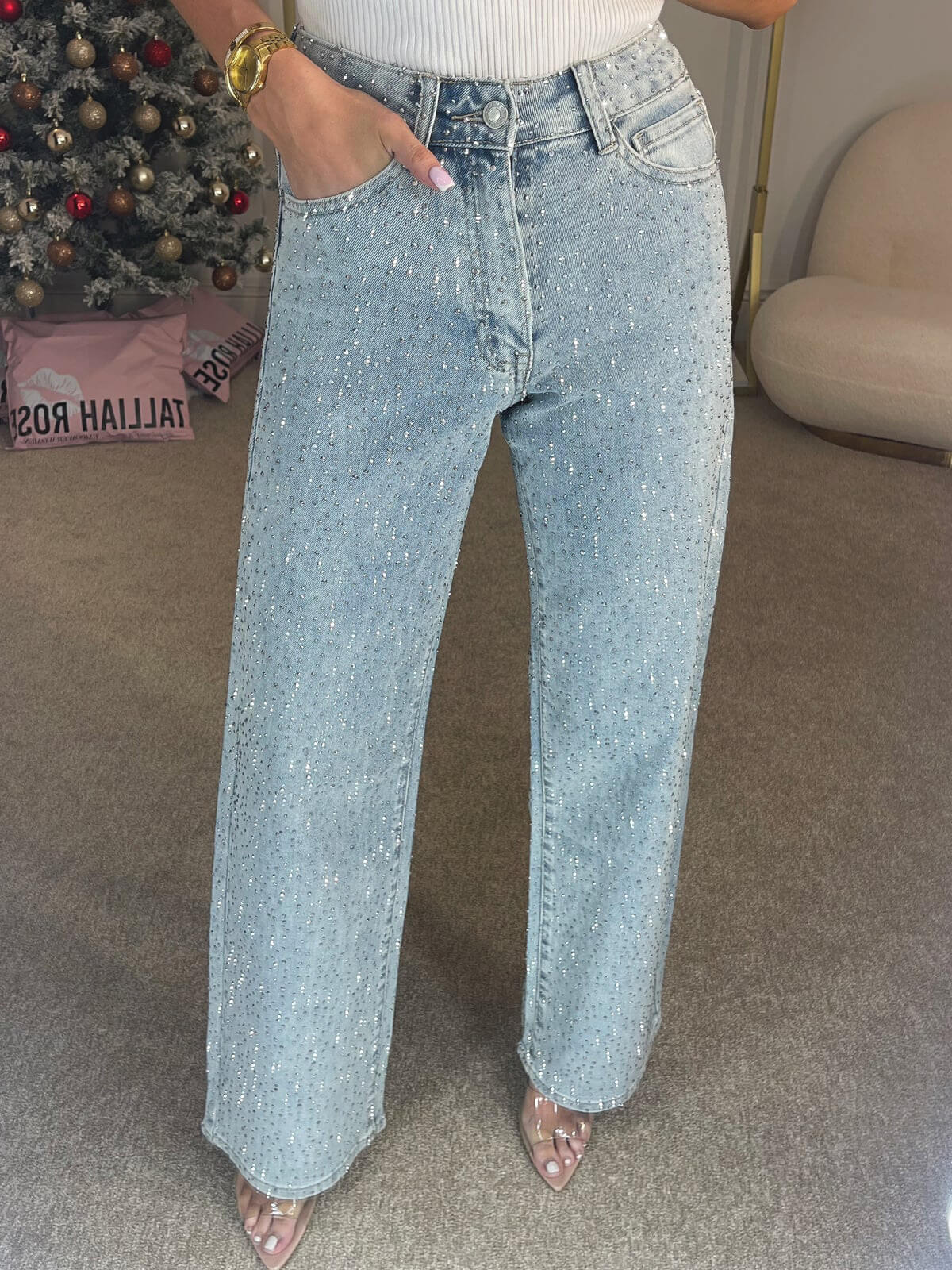 Damesjeans met Hoge Taille en Wijde Pijpen met Glanzende Afwerking
