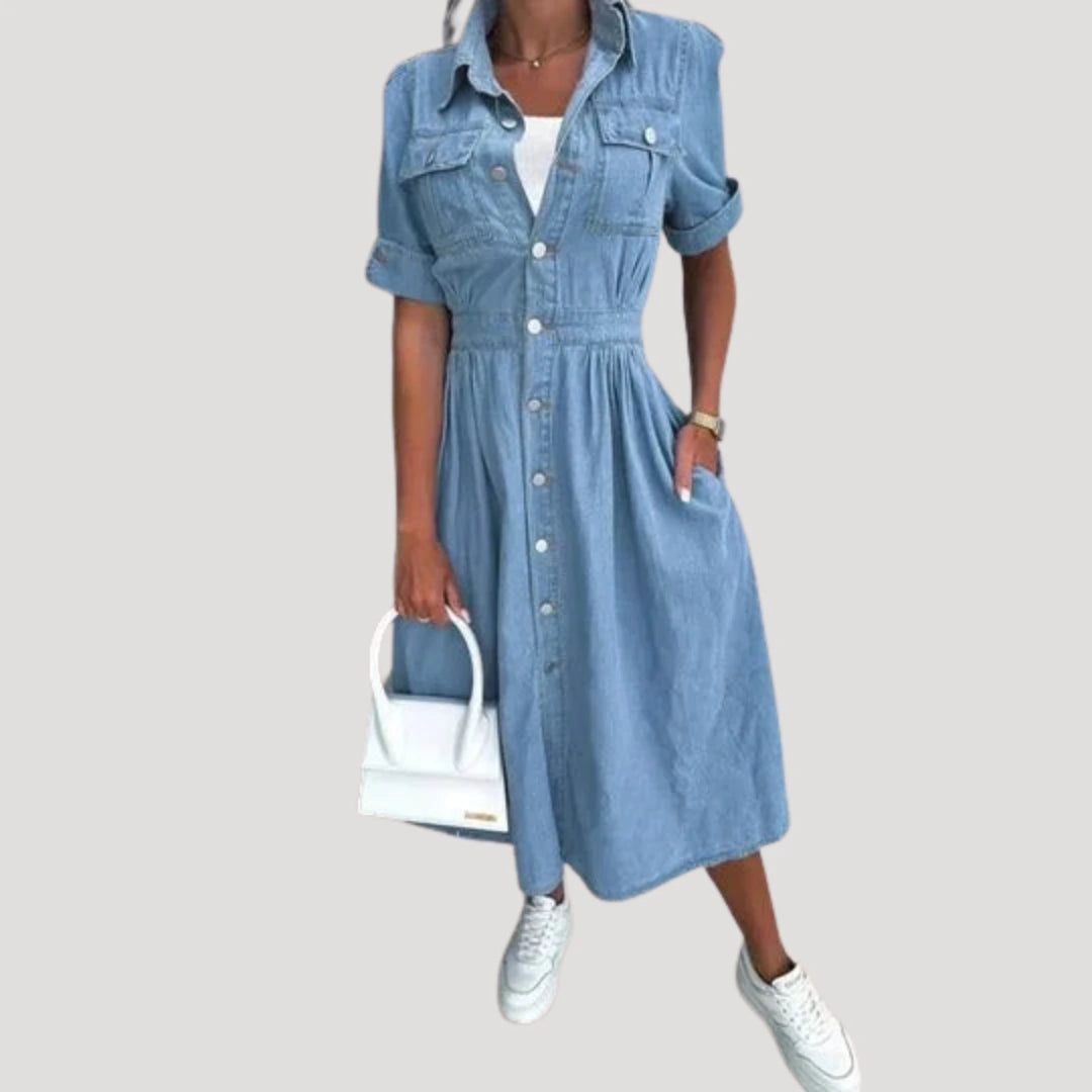 Denim Blousejurk met Knoopsluiting en Korte Mouwen