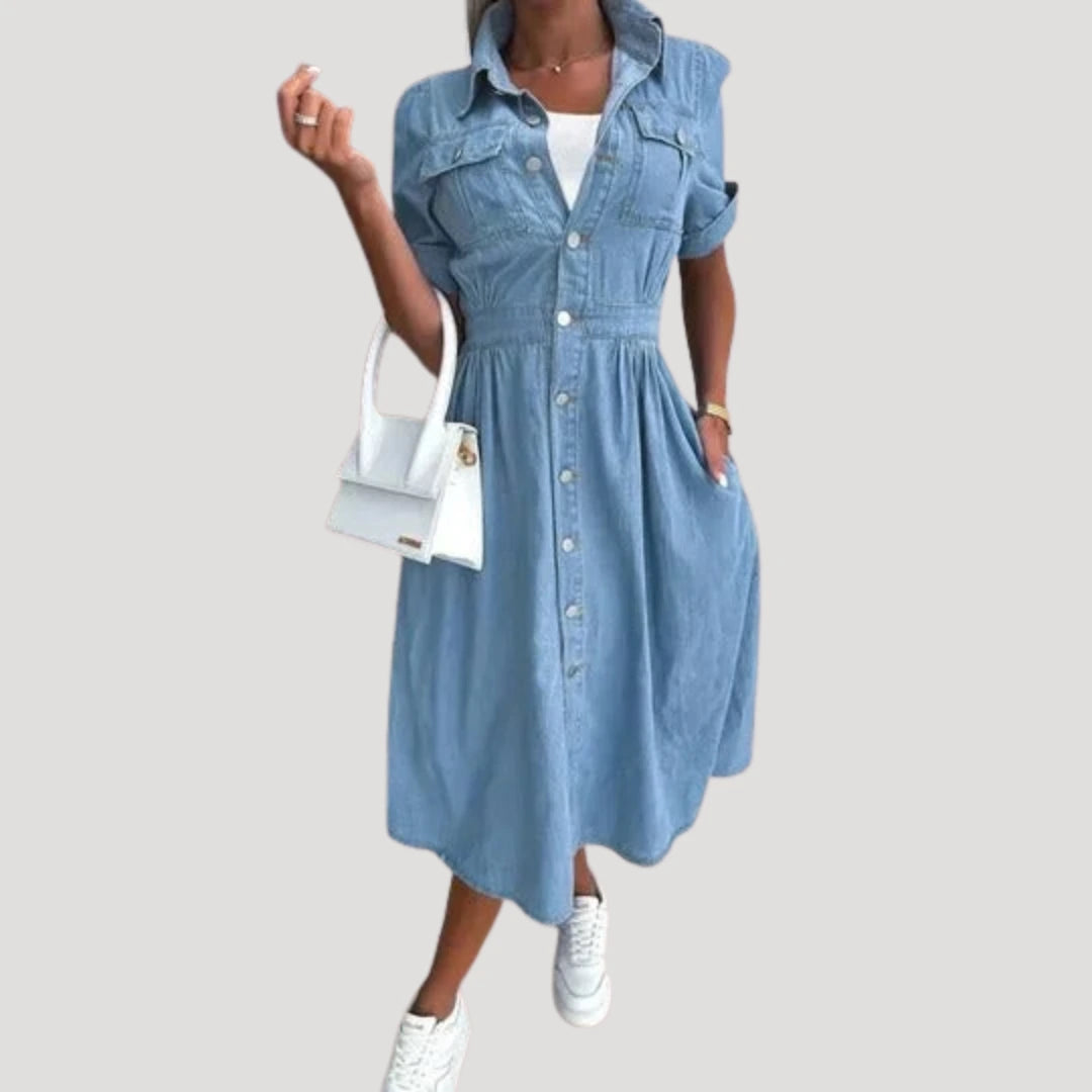 Denim Blousejurk met Knoopsluiting en Korte Mouwen
