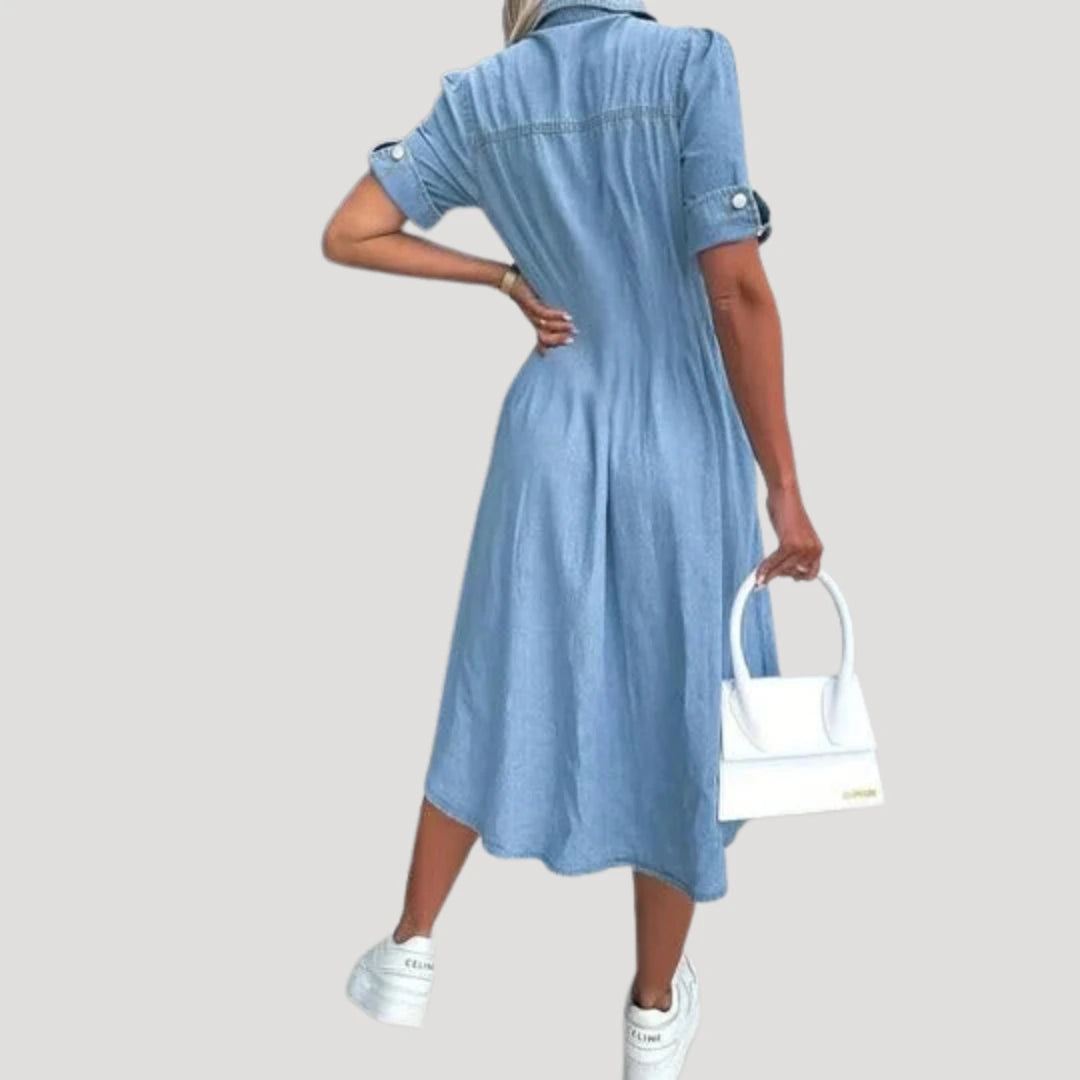 Denim Blousejurk met Knoopsluiting en Korte Mouwen