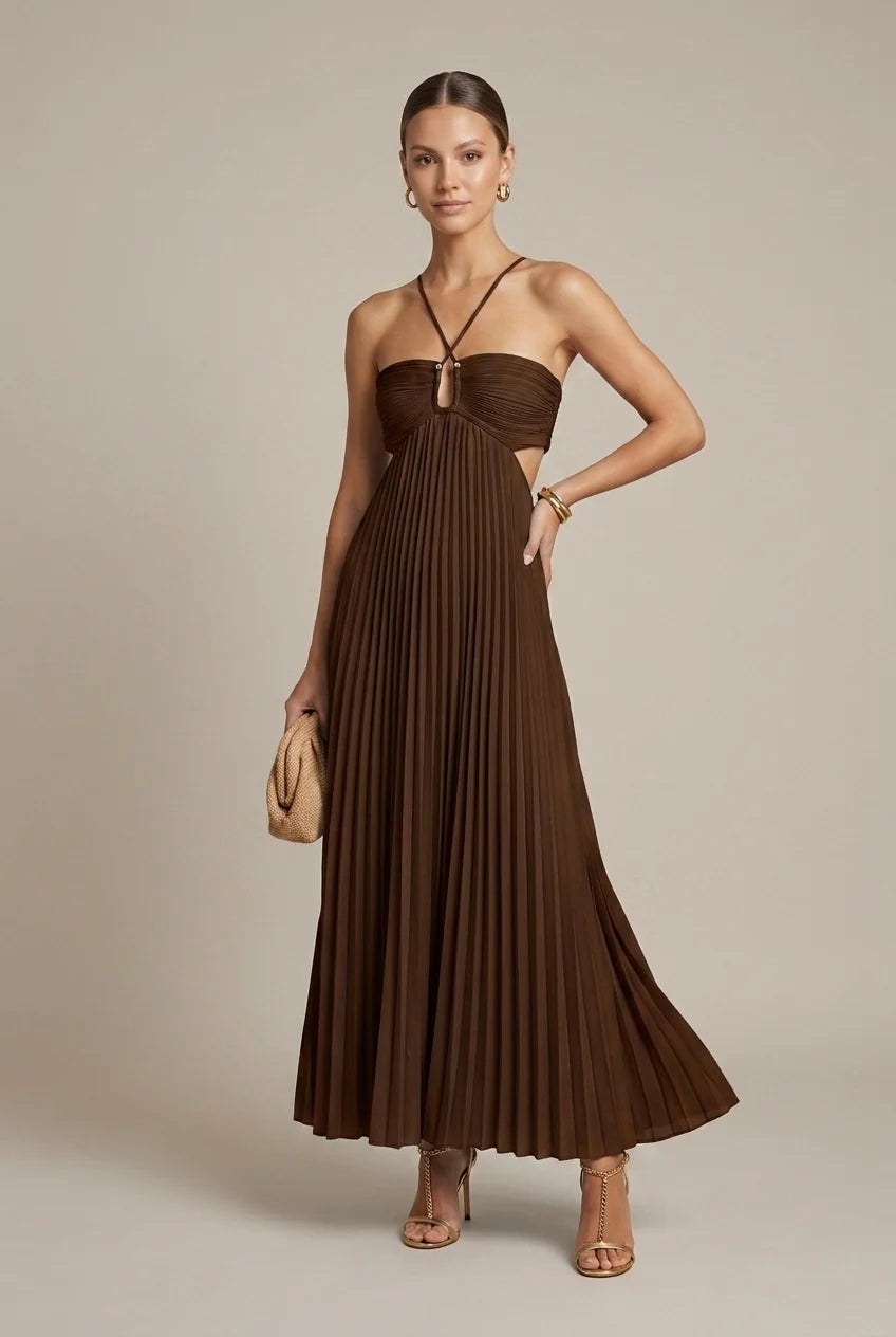 Geplooide Maxi Jurk met Halternek en Open Rug