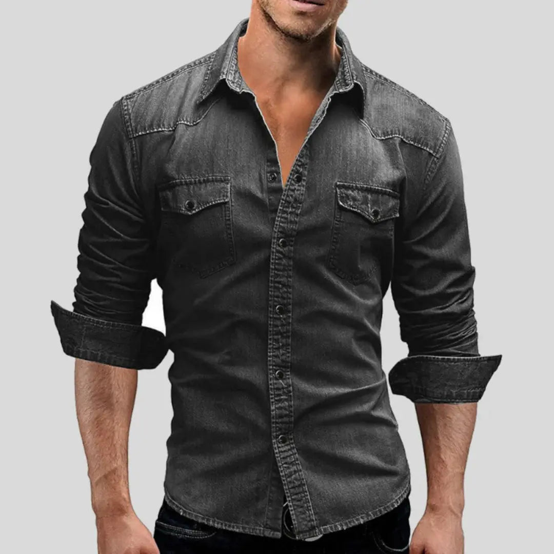 Heren Denim Overhemd met Lange Mouwen en Borstzakken