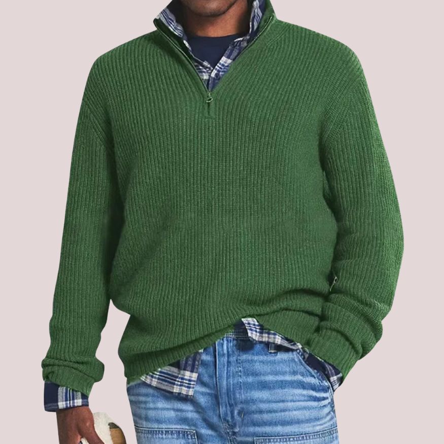 Heren Gebreide Trui van wolmix met Halve Ritssluiting en Opstaande Kraag