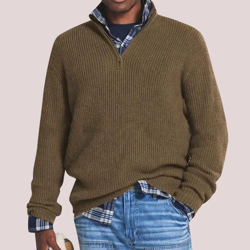 Heren Gebreide Trui van wolmix met Halve Ritssluiting en Opstaande Kraag