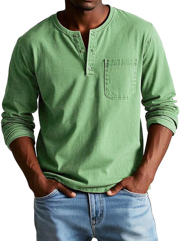 Heren Henley Shirt met Lange Mouwen en Borstzak