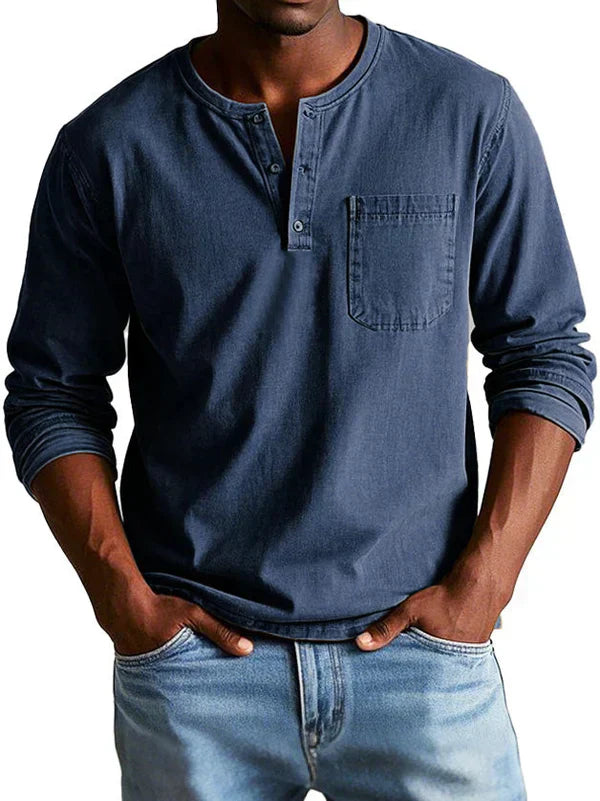 Heren Henley Shirt met Lange Mouwen en Borstzak