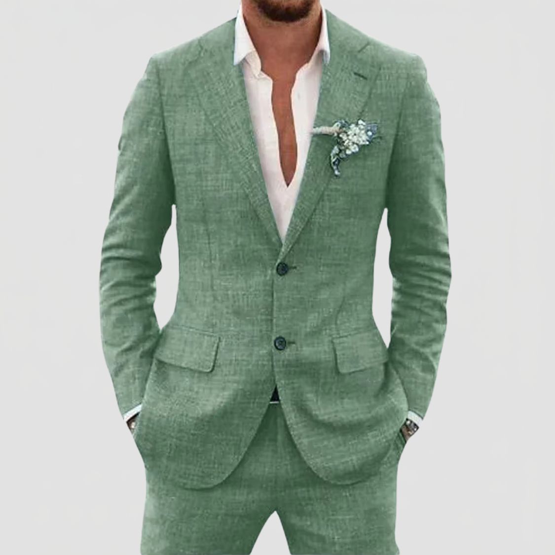 Heren Linnenmix Tweedelig Pak met Blazer en Pantalon