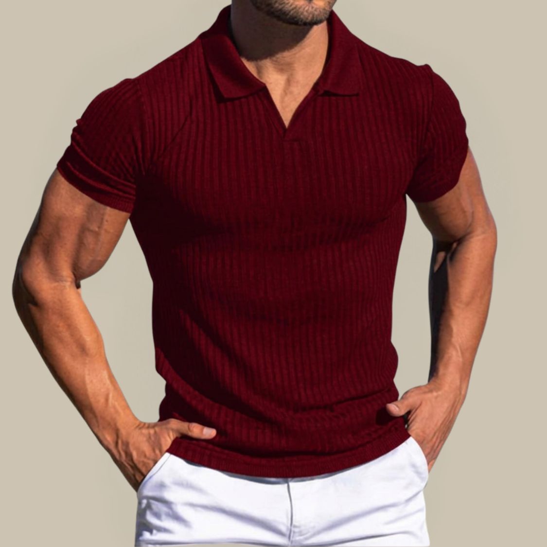 Heren Poloshirt met V-hals en Geribd Patroon