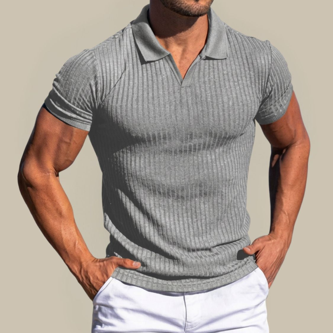 Heren Poloshirt met V-hals en Geribd Patroon