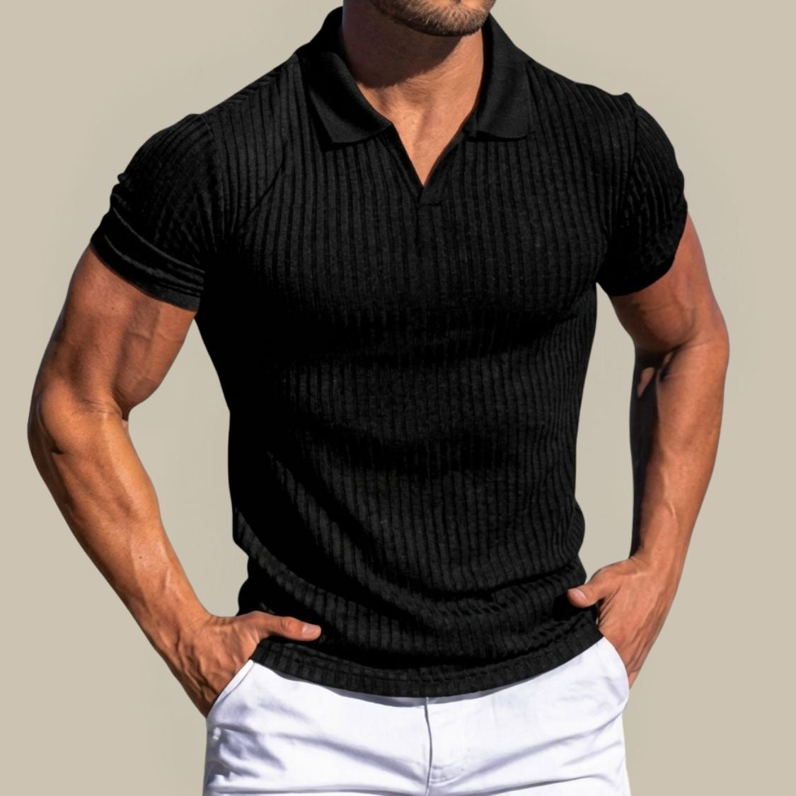 Heren Poloshirt met V-hals en Geribd Patroon