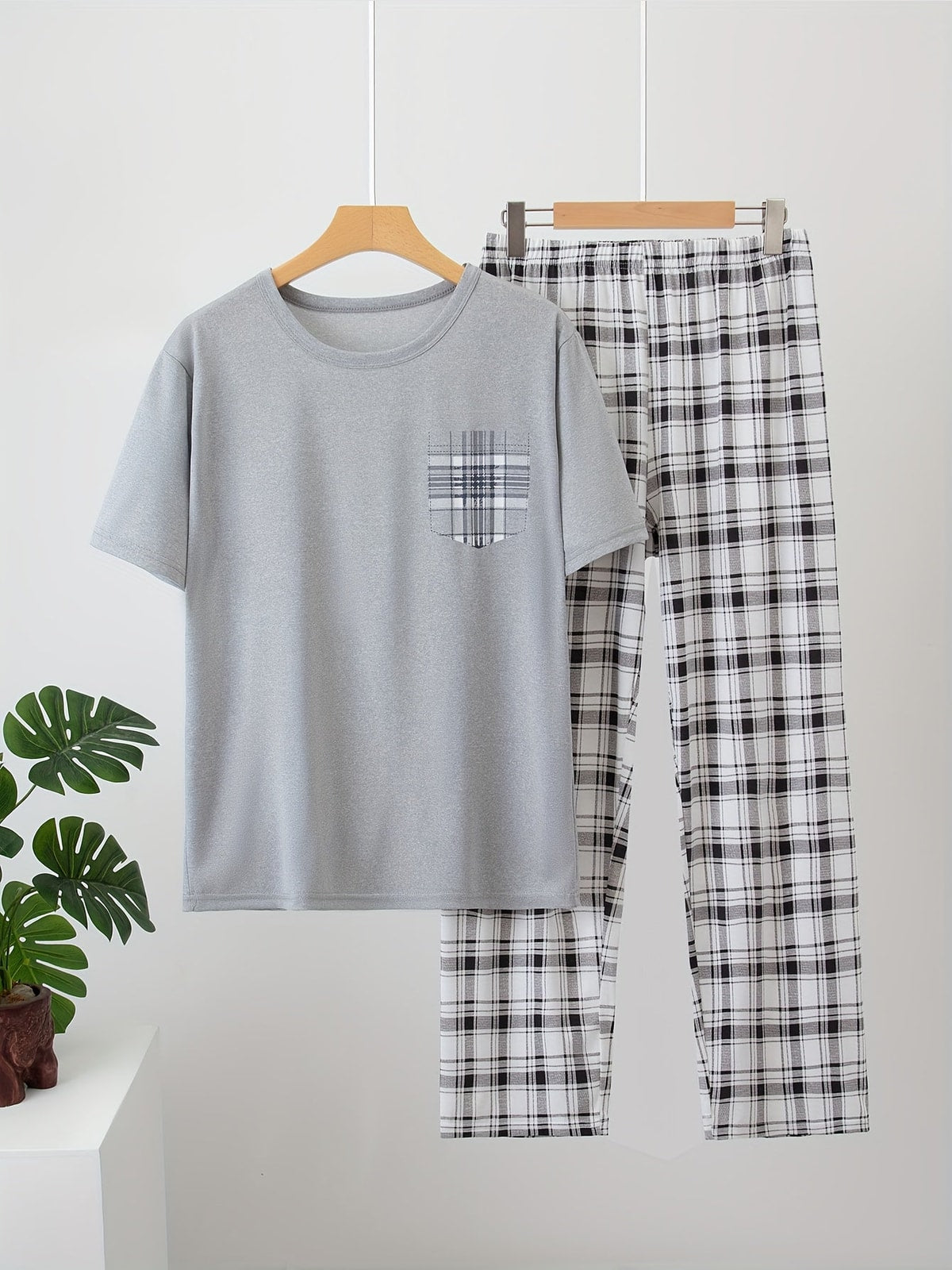 Heren Pyjamaset met Korte Mouwen en Geruite Broek