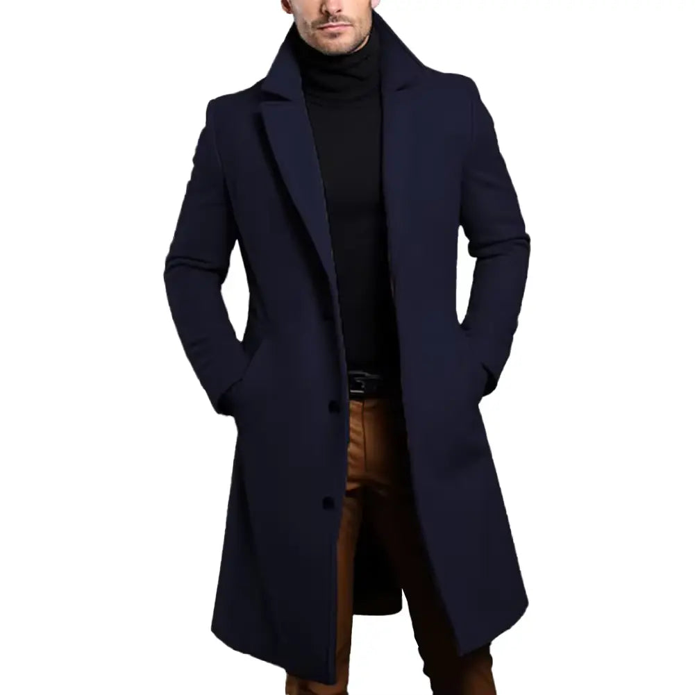 Heren Slim Fit Lange Jas met Reverskraag en Knoopsluiting