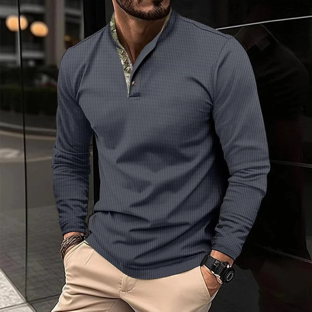 Heren Slim Fit Longsleeve Polo met Opstaande Kraag en Knoopsluiting