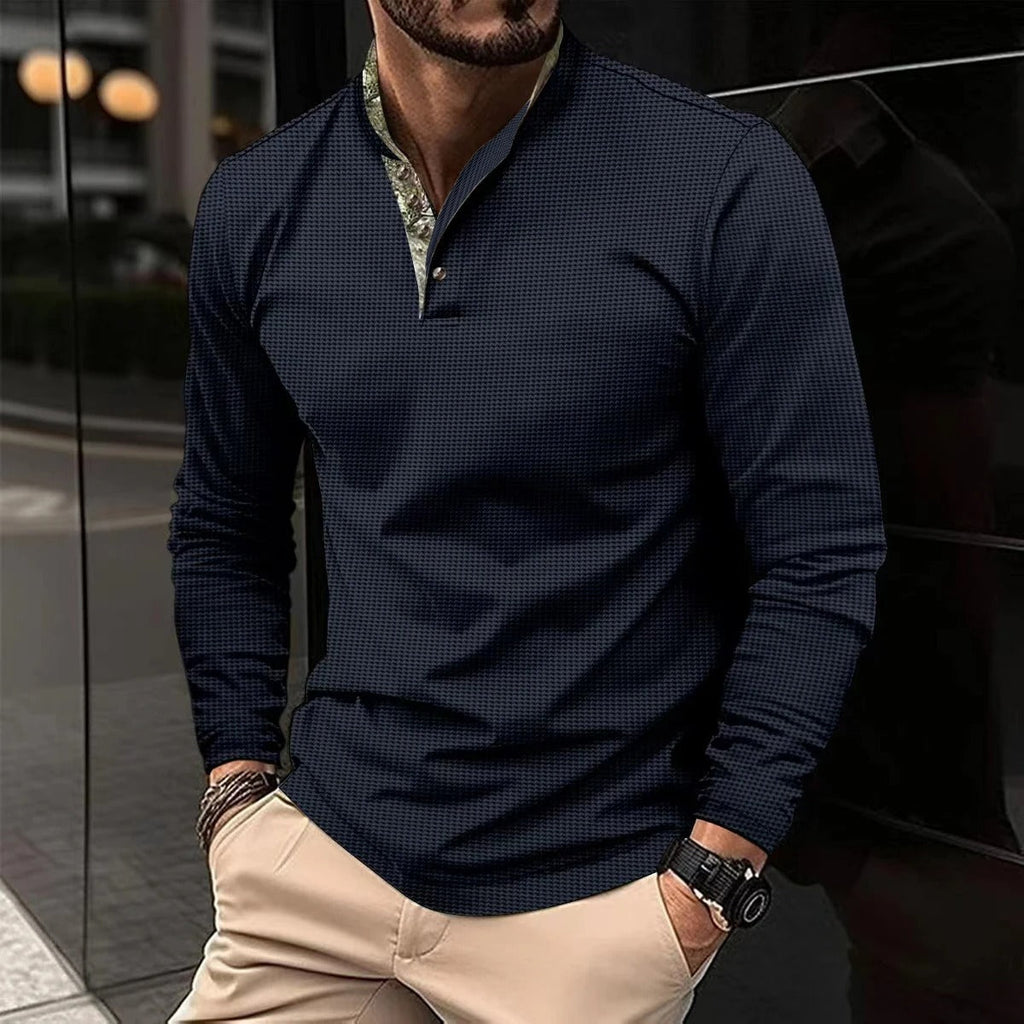 Heren Slim Fit Longsleeve Polo met Opstaande Kraag en Knoopsluiting