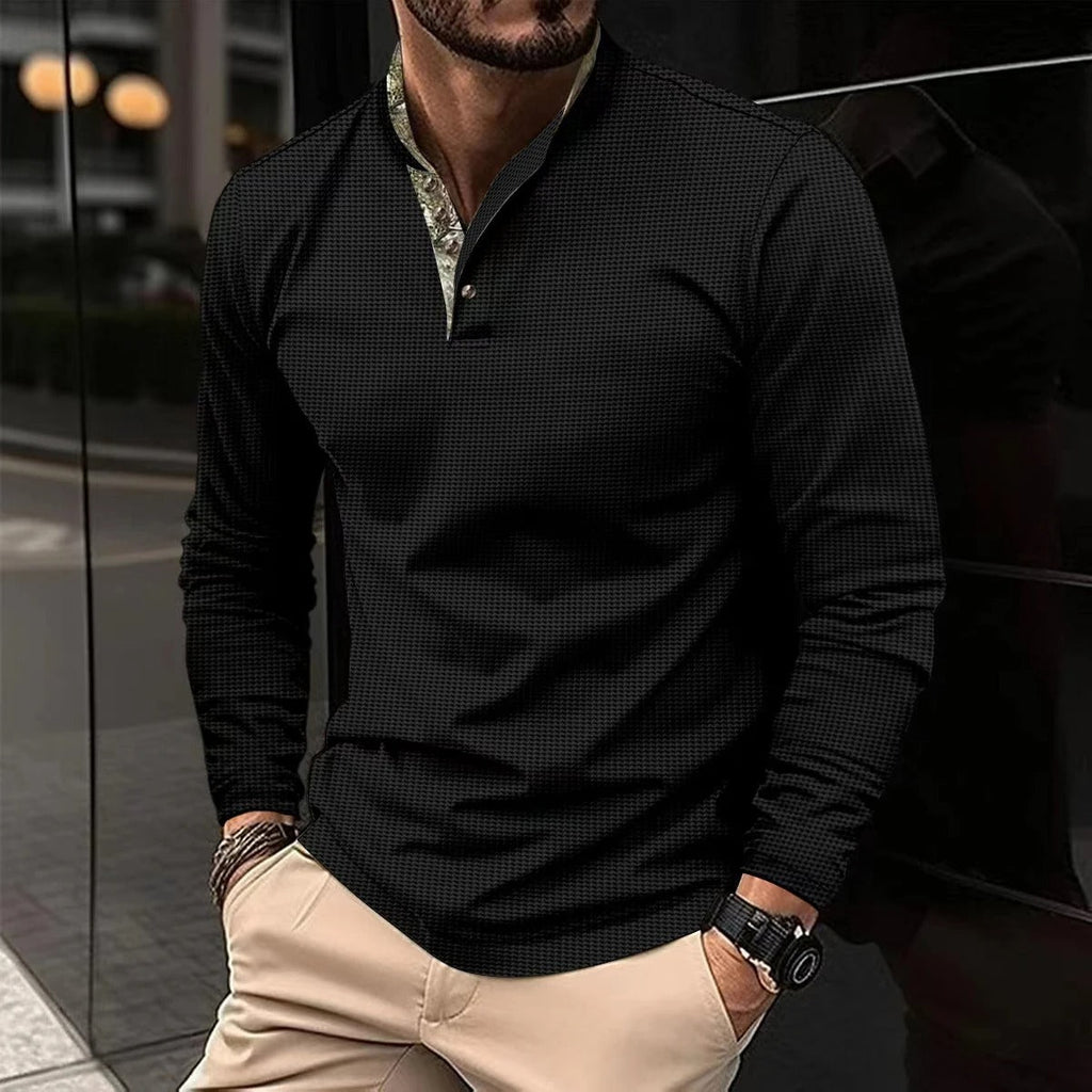 Heren Slim Fit Longsleeve Polo met Opstaande Kraag en Knoopsluiting