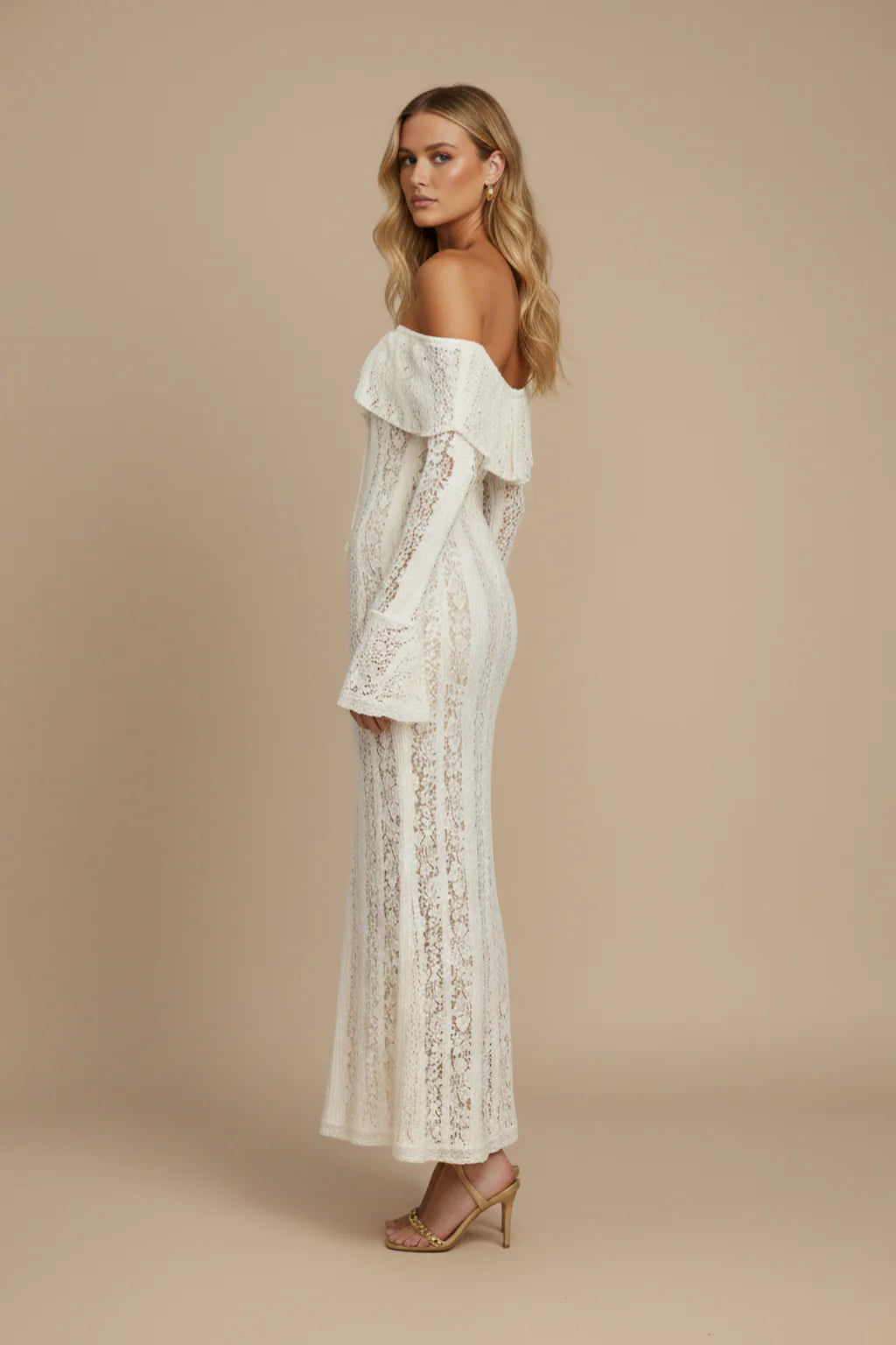 Kanten Maxi Jurk met Off-Shoulder en Lange Mouwen