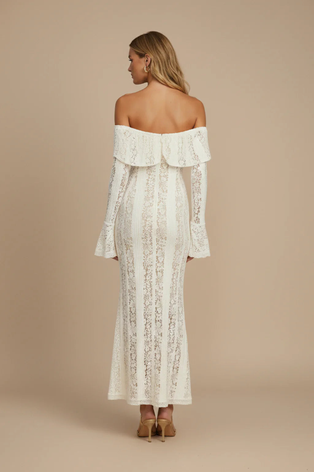 Kanten Maxi Jurk met Off-Shoulder en Lange Mouwen