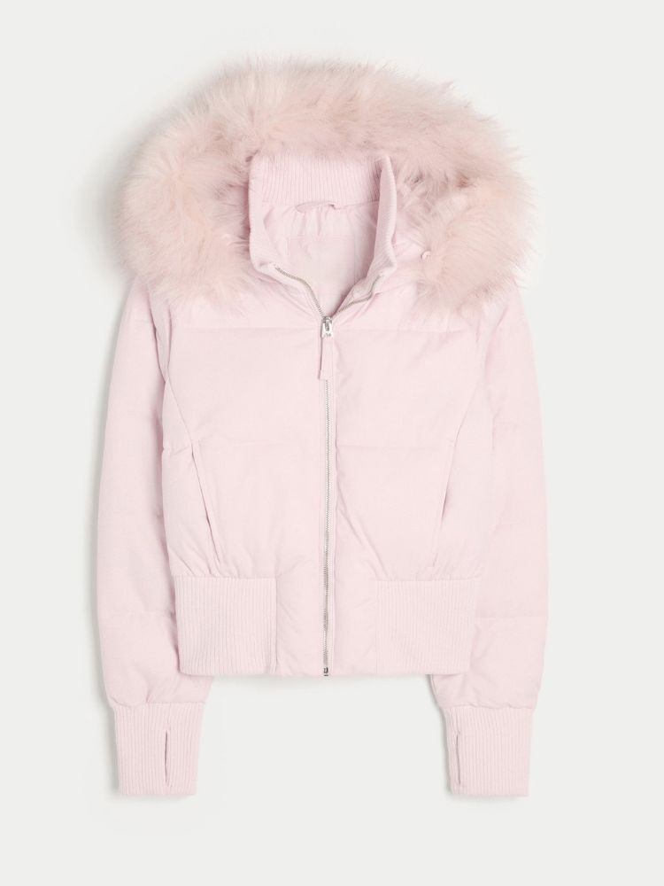 Korte Dames Gewatteerde Winterjas met Afneembare Capuchon en Imitatiebontkraag