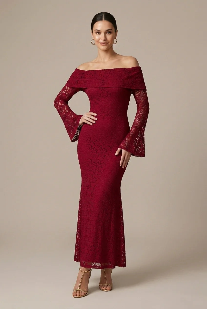 Maxi Bruiloftsjurk met Off Shoulder en Kanten Detail