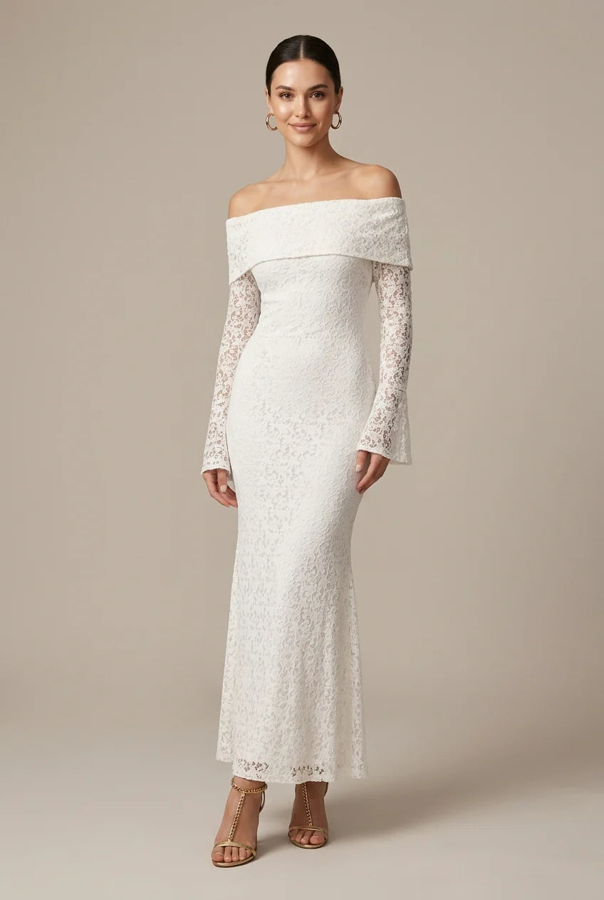 Maxi Bruiloftsjurk met Off Shoulder en Kanten Detail