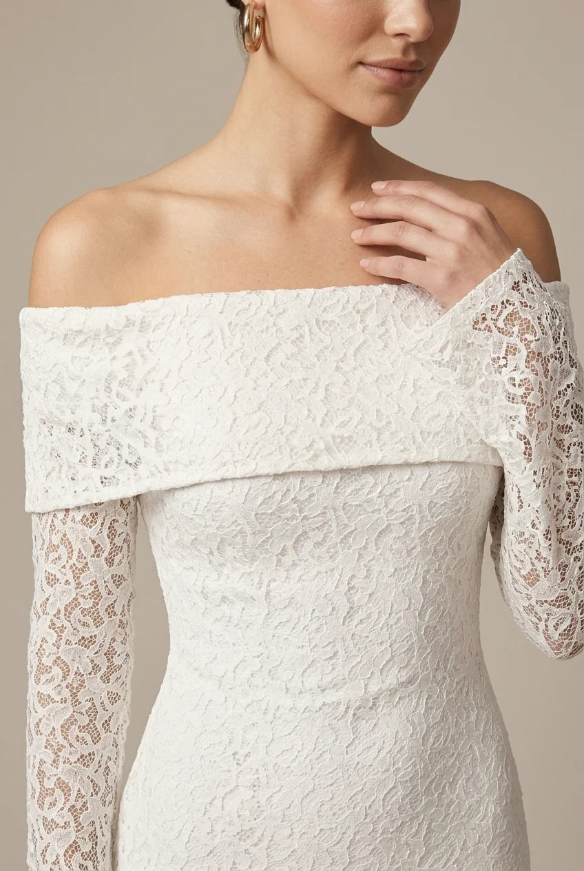 Maxi Bruiloftsjurk met Off Shoulder en Kanten Detail