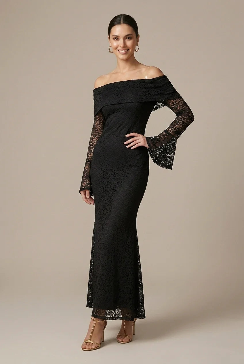 Maxi Bruiloftsjurk met Off Shoulder en Kanten Detail