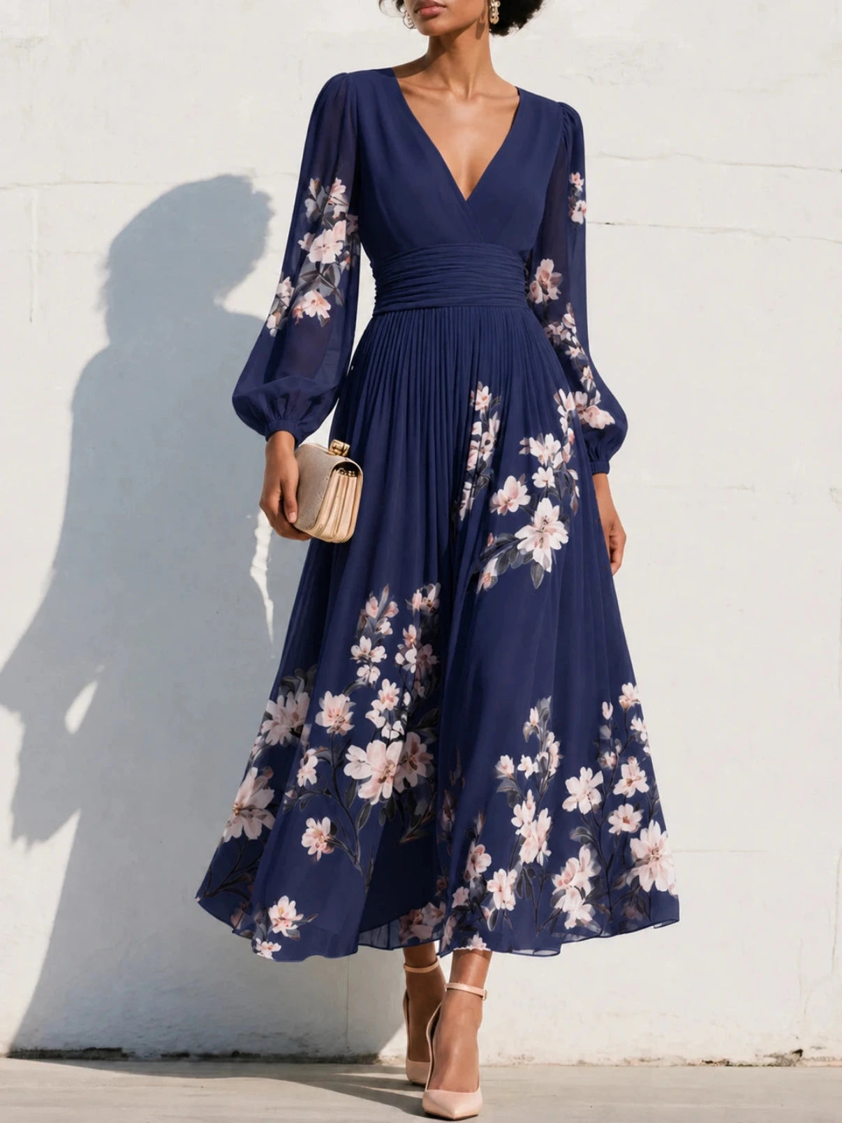 Maxi Feestjurk met V-hals en Bloemenprint