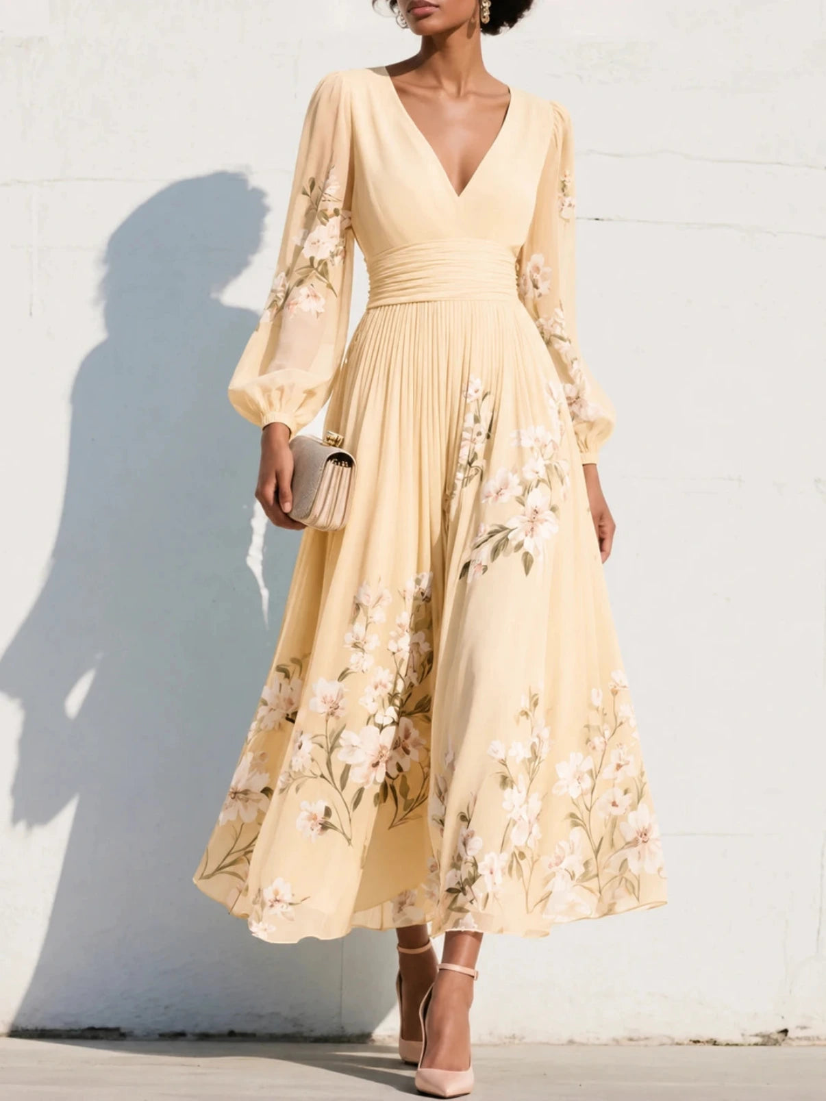 Maxi Feestjurk met V-hals en Bloemenprint
