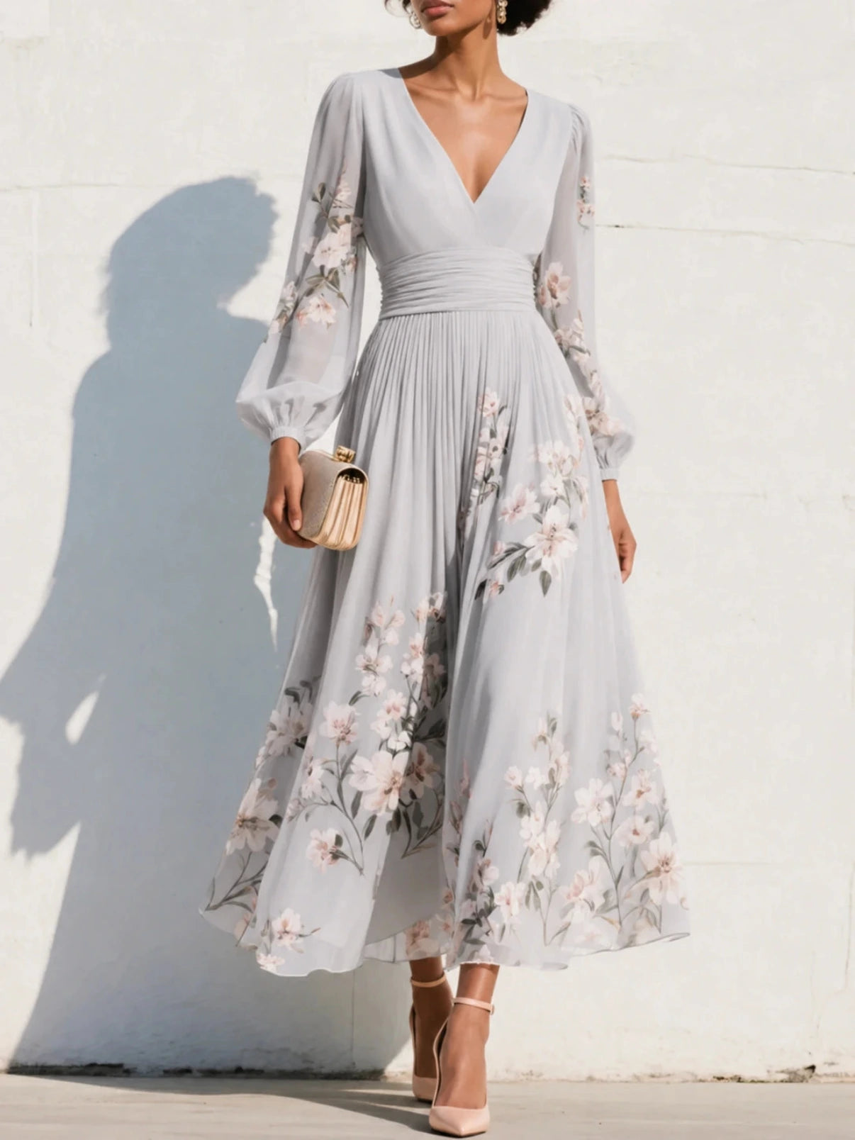Maxi Feestjurk met V-hals en Bloemenprint