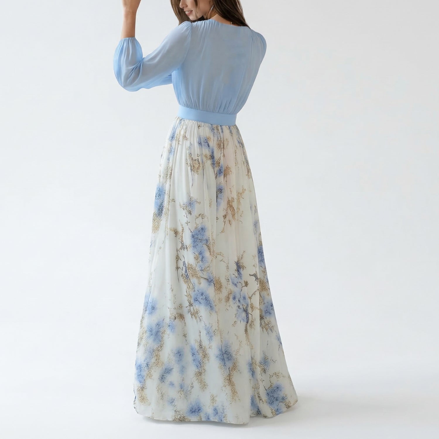 Maxi Jurk met Bloemenprint, Lange Mouwen en V-hals