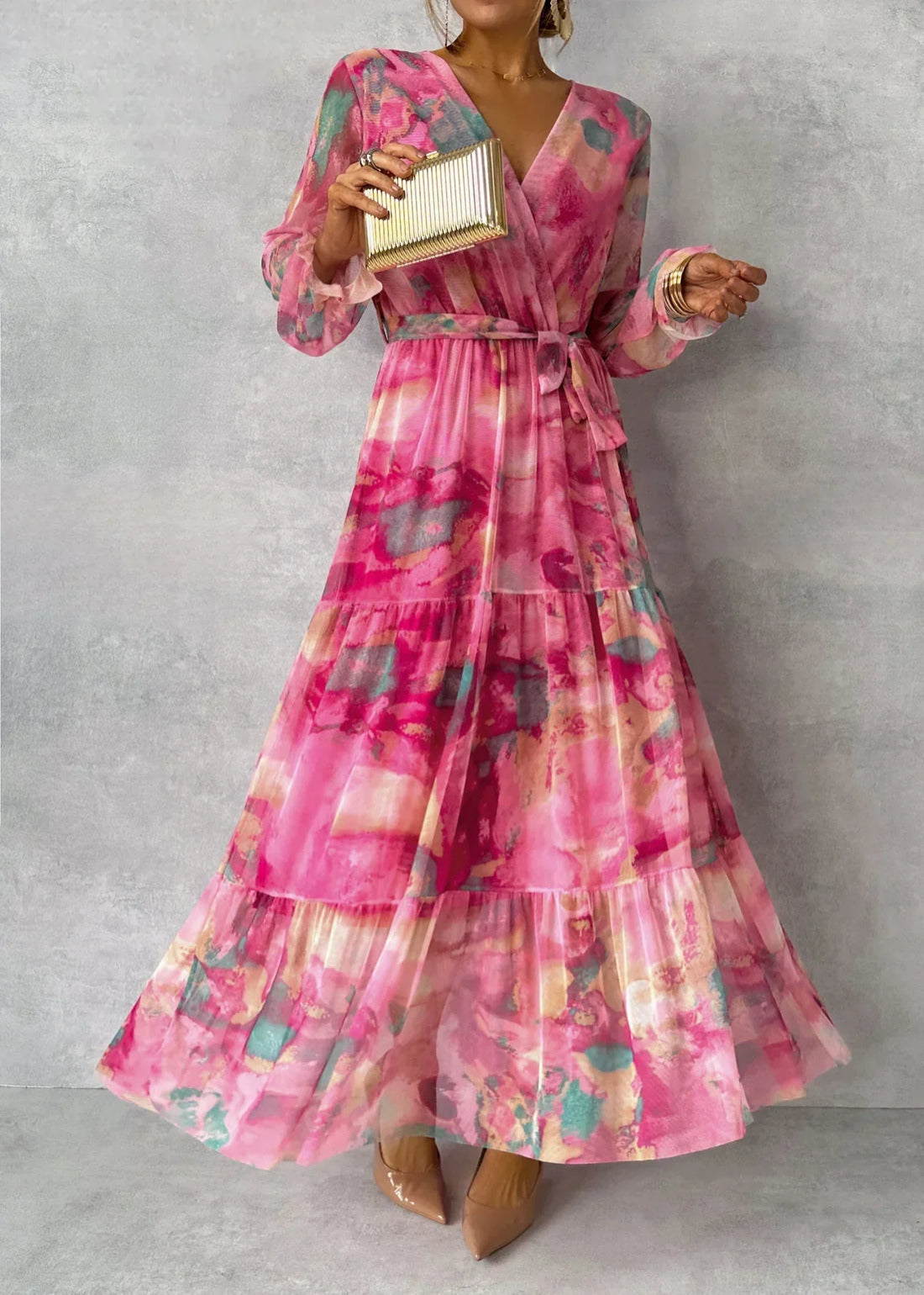 Maxi Wikkel Jurk met Print en Lange Mouwen