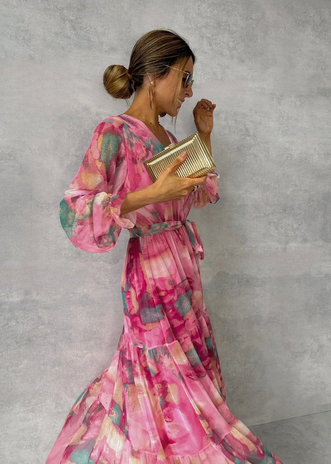 Maxi Wikkel Jurk met Print en Lange Mouwen