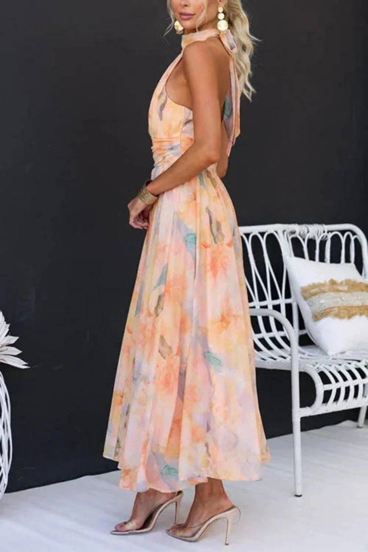 Maxi Zomerjurk Dames met Halterhals en Open Rug