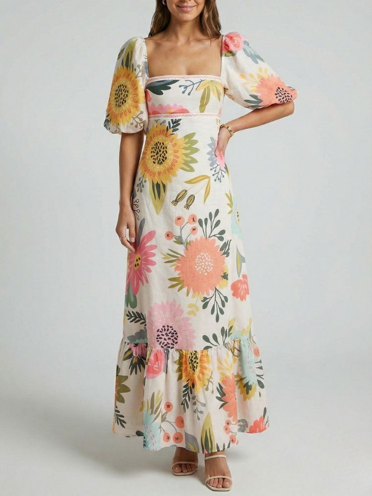 Maxi Zomerjurk met Bloemenprint en vierkante hals