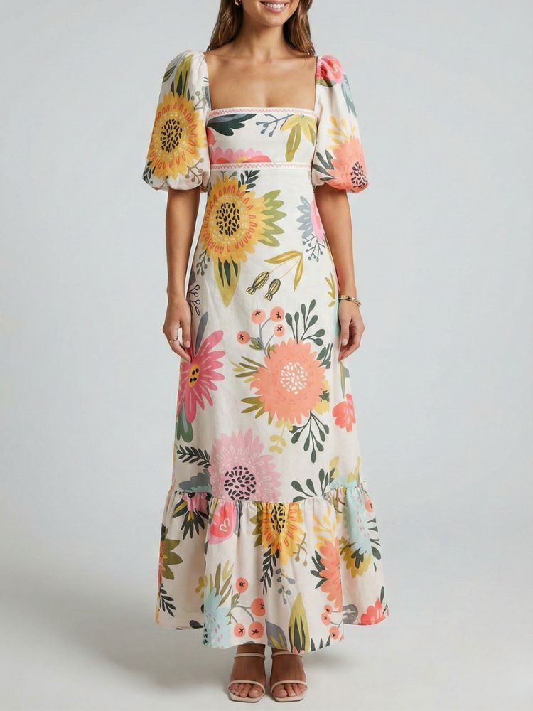 Maxi Zomerjurk met Bloemenprint en vierkante hals