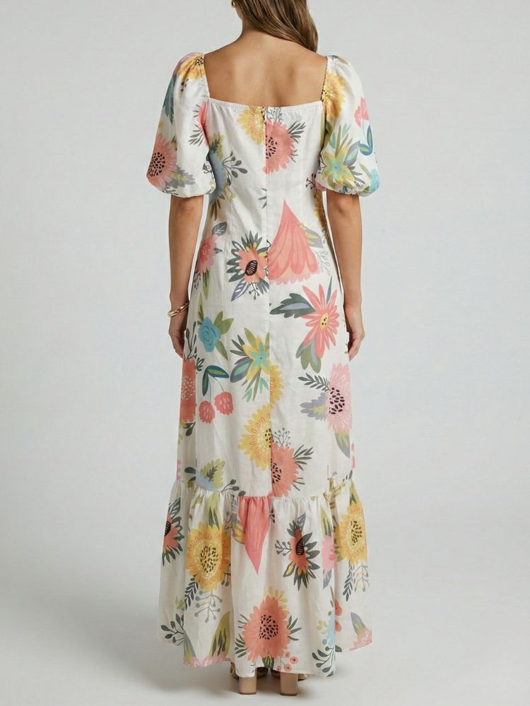 Maxi Zomerjurk met Bloemenprint en vierkante hals