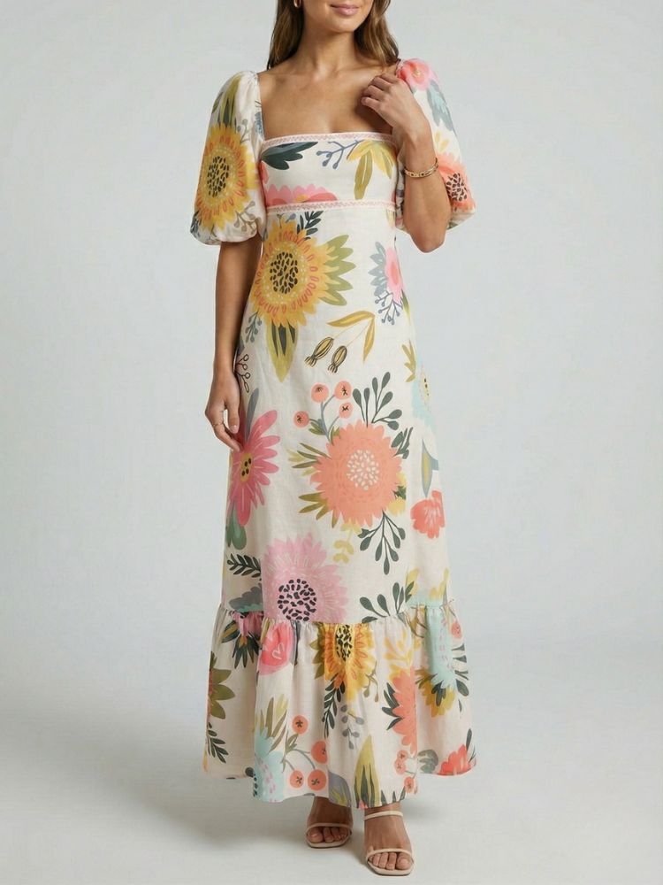 Maxi Zomerjurk met Bloemenprint en vierkante hals