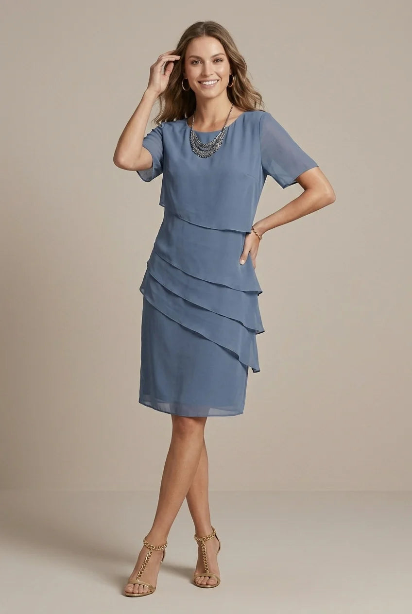 Midi Jurk met Ronde Hals en Gelaagde Chiffon Rok