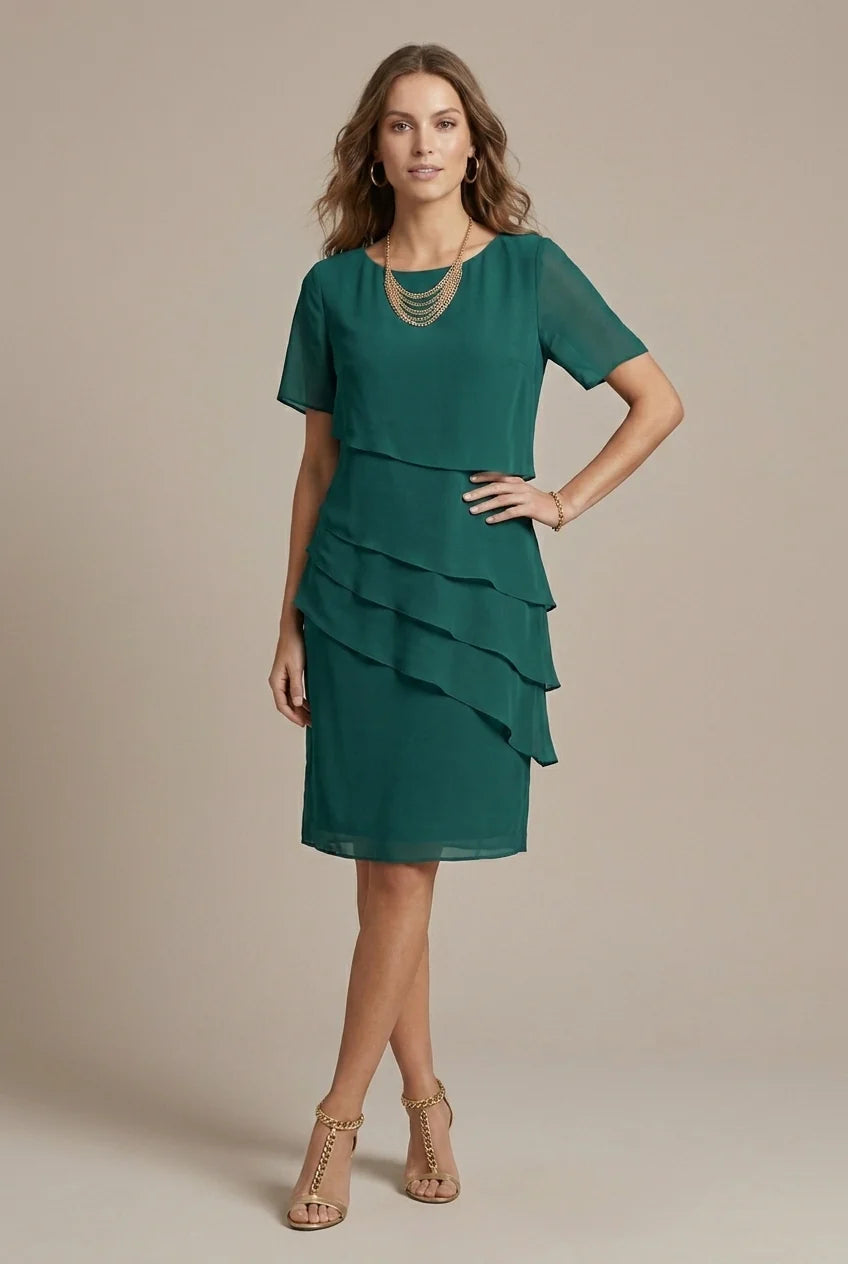 Midi Jurk met Ronde Hals en Gelaagde Chiffon Rok