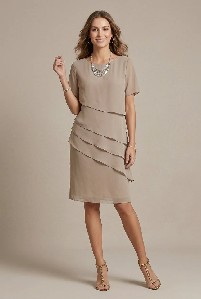 Midi Jurk met Ronde Hals en Gelaagde Chiffon Rok