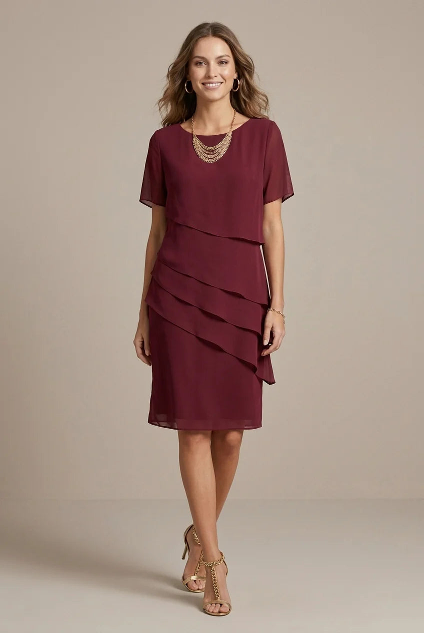 Midi Jurk met Ronde Hals en Gelaagde Chiffon Rok