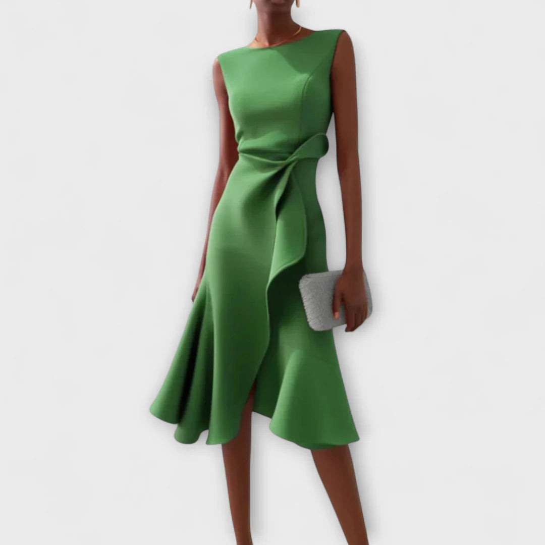 Midi Mouwloze Avondjurk met Asymmetrisch Detail