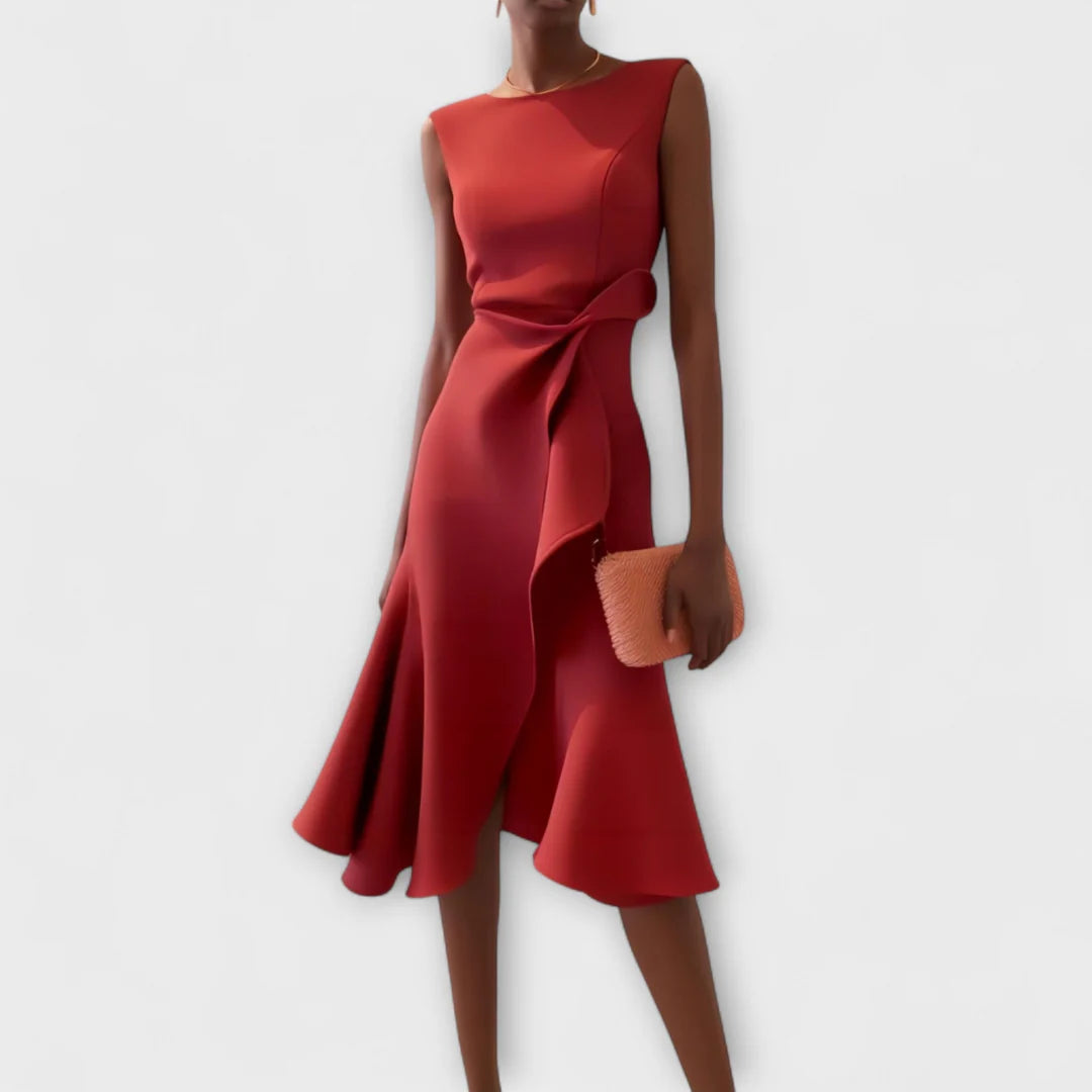Midi Mouwloze Avondjurk met Asymmetrisch Detail