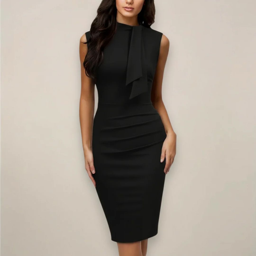 Mouwloze Midi Jurk met Hoge Hals en Strikdetail