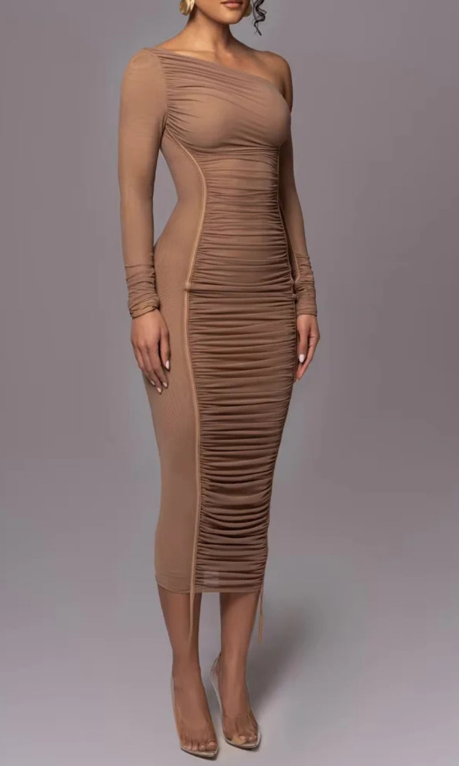 One-Shoulder Bodycon Midi Cocktailjurk met Plooien