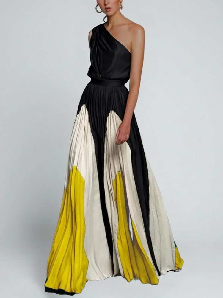 One Shoulder Maxi Jurk met Geplooide Rok