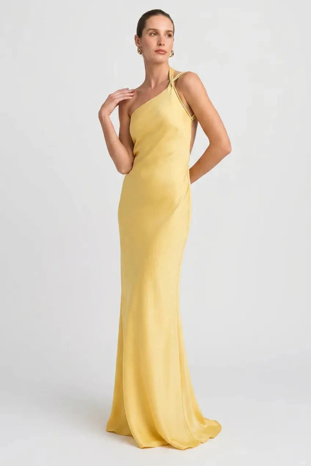 One Shoulder Maxi Jurk met Satijnlook en Zijsplit