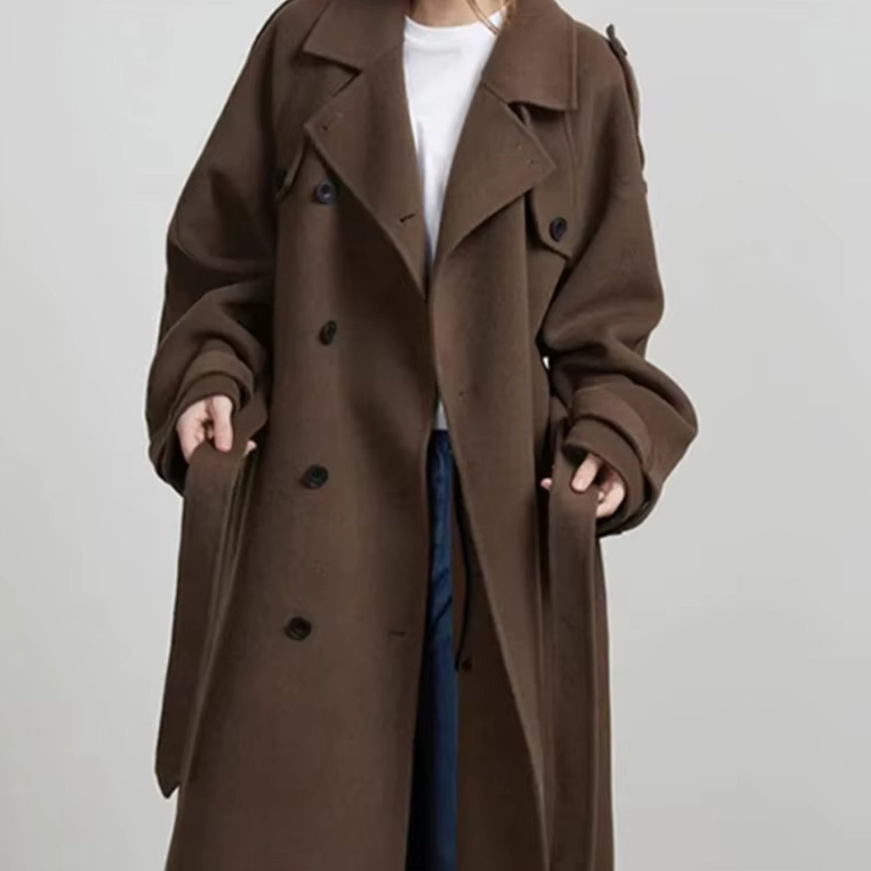 Oversized manteljas van wolmix met riem en knoopsluiting voor dames