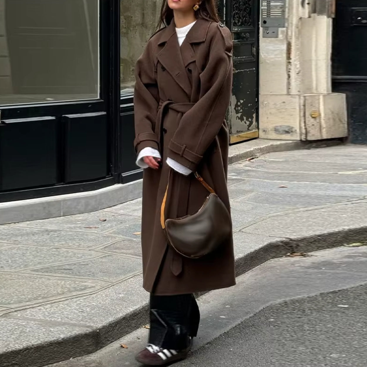 Oversized manteljas van wolmix met riem en knoopsluiting voor dames