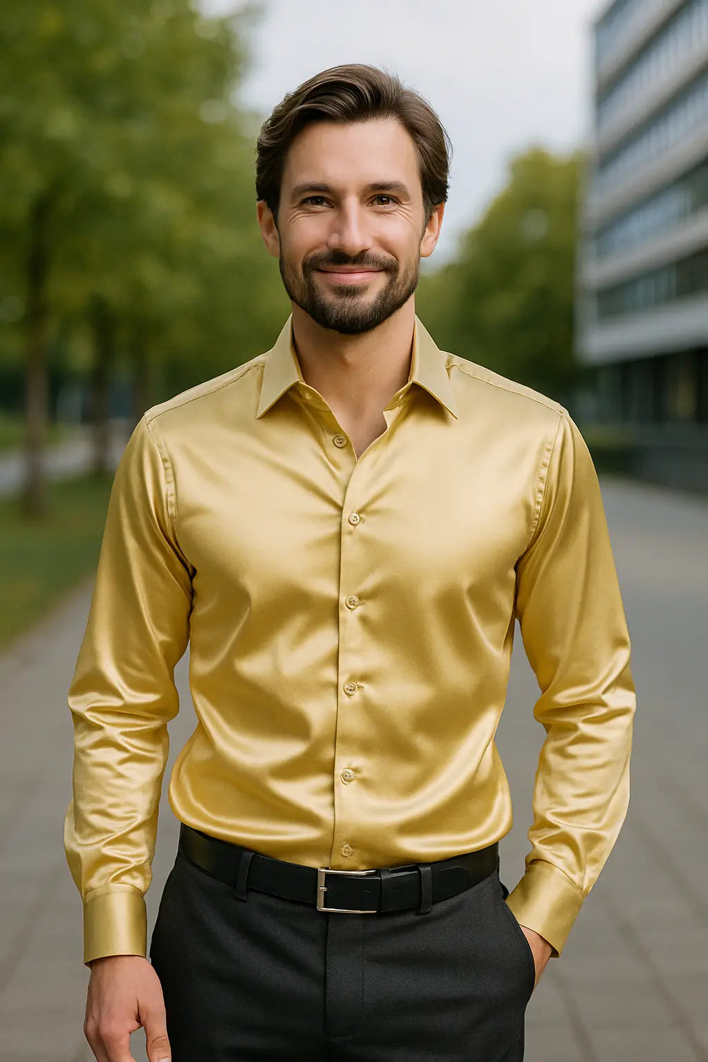 Satijnlook Slim Fit Overhemd met Lange Mouwen voor Heren